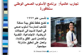 ‫عالمية‬ ‫تجارب‬:‫الوطني‬ ‫الصحي‬ ‫األسلوب‬ ‫برنامج‬
‫سنغافورة‬
‫عام‬ ‫تأسس‬199٢
‫ممكنة‬ ‫بيئة‬ ‫لخلق‬ ‫خطط‬ ‫تضع‬
‫صحي‬ ‫أسلوب‬ ‫لممارسة‬ ‫للشعب‬
‫المجاالت‬ ‫في‬ ‫السيما‬ ‫الحياة‬ ‫في‬
‫النفسية‬ ،‫االجتماعية‬ ،‫الرياضية‬
،‫والشدة‬ ‫القلق‬ ‫تدبير‬ ‫وتتضمن‬
‫مشاركة‬ ‫تحقيق‬ ‫على‬ ‫وتعمل‬
‫مجتمعية‬.
Dr. Ghassan Shahrour ‫د‬.‫شـحرور‬ ‫غـســان‬ 18
 