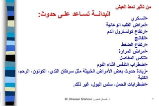 Dr. Ghassan Shahrour ‫د‬.‫شـحرور‬ ‫غـســان‬ 7
•‫السـكري‬
•‫الوعائية‬ ‫القلب‬ ‫أمراض‬
•‫الدم‬ ‫كولسترول‬ ‫ارتفاع‬
•‫الفالـج‬
•‫الضغط‬ ‫ارتفاع‬
•‫المرارة‬ ‫أمراض‬
•‫المفاصل‬ ‫تنكس‬
•‫النوم‬ ‫أثناء‬ ‫التنفس‬ ‫اضطراب‬
•،‫الثدي‬ ‫سرطان‬ ‫مثل‬ ‫الخبيثة‬ ‫األمراض‬ ‫بعض‬ ‫حدوث‬ ‫زيادة‬‫الكولون‬،‫الرحم‬ ،
‫الكلية‬
•‫ذلك‬ ‫غير‬ ،‫البول‬ ‫سلس‬ ،‫الحمل‬ ‫اضطرابات‬.
‫حدوث‬ ‫علـى‬ ‫تسـاعد‬ ‫البدانــة‬:
‫نمط‬ ‫تأثير‬ ‫من‬‫العيش‬
 