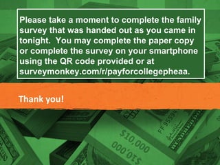Thank you!
Please take a moment to complete the family
survey that was handed out as you came in
tonight. You may complete the paper copy
or complete the survey on your smartphone
using the QR code provided or at
surveymonkey.com/r/payforcollegepheaa.
 