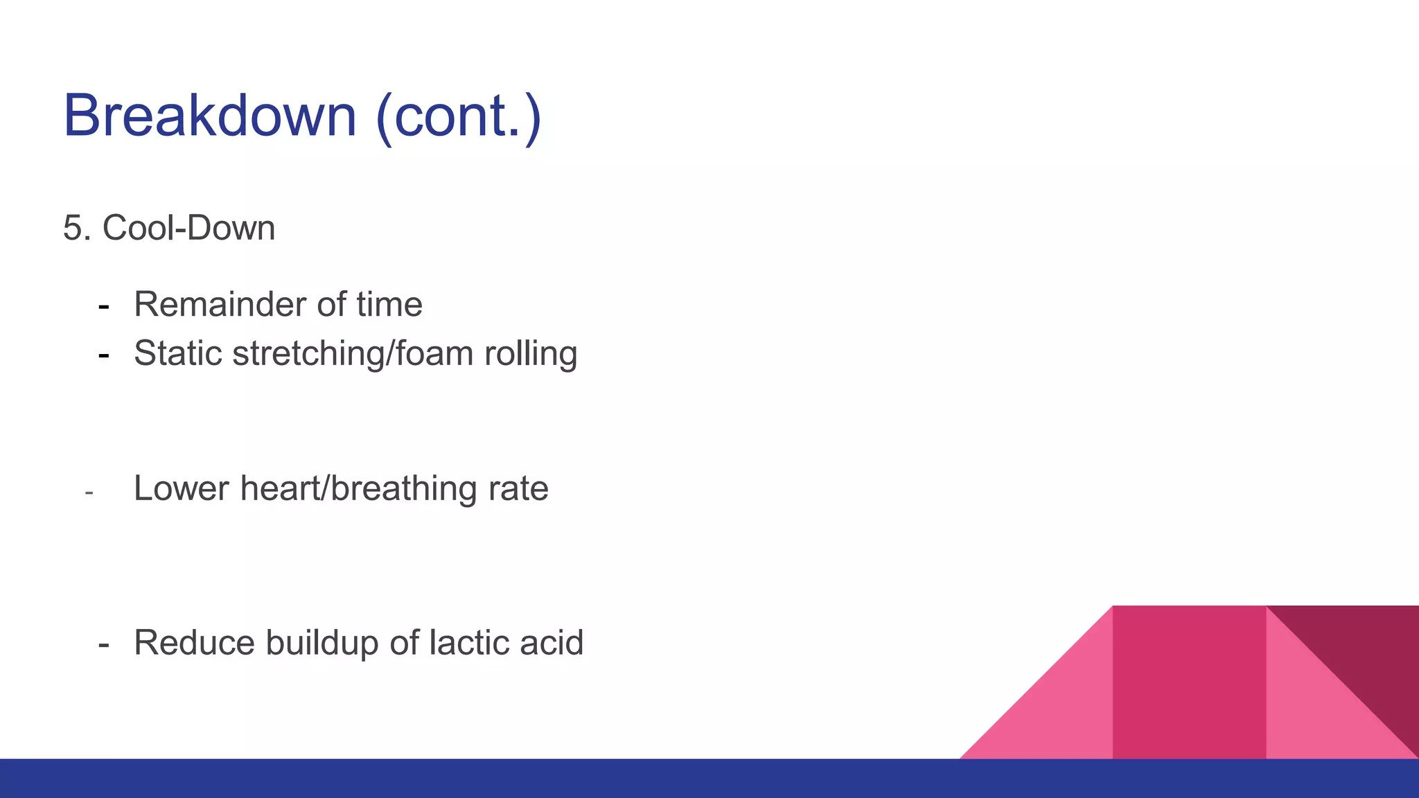Breakdown (cont.)
5. Cool-Down
- Remainder of time
- Static stretching/foam rolling
- Lower heart/breathing rate
- Reduce buildup of lactic acid
 