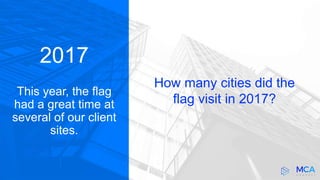 2017
This year, the flag
had a great time at
several of our client
sites.
How many cities did the
flag visit in 2017?
 