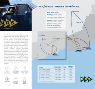 SOLUÇÕES PARA
O TRANSPORTE
DE CARGA GERAL
S. José dos Campos
Campinas
Jundiaí
Itatiaia
Belo Horizonte
Juiz de Fora
Rio de Janeiro
Porto do Rio de Janeiro
Porto de Itaguaí
Porto de Santos
Suzano
São Paulo
Porto de Santos - Campinas
* Twenty Equivalente Unit / Unidade de Contêiner de 20”
Porto de Santos - São Paulo
Rio de Janeiro - São Paulo
Rio de Janeiro - Belo Horizonte
Porto de Santos - Vale do Paraíba
Entremargens - Porto de Santos
(Santos - Guarujá - Cubatão)
Rio de Janeiro - Itatiaia
6.300
3.300
2.000
2.000
2.400
1.300
2.500
24h
12h
38h
65h
16h
12h
16h
10x por semana
6x por semana
4x por semana
6x por semana
4x por semana
6x por semana
3x por semana
CAPACIDADE
(TEU’S* MÊS)
T-TIMEFREQUÊNCIAROTAS
ROTAS EM IMPLANTAÇÃO
Porto de Santos - Jundiaí
ROTAS JÁ EXISTENTES
Porto de Santos - Campinas
Porto de Santos - São Paulo
Porto de Santos - Vale do Paraíba
Rio de Janeiro - São Paulo
Rio de Janeiro - Belo Horizonte
Entremargens Porto de Santos
Rio de Janeiro - Itatiaia
SOLUÇÕES PARA O TRANSPORTE DE CONTÊINERES
MENOR
IMPACTO
AMBIENTAL
CAPACIDADE
DE ATÉ 84 TEUs
POR TREM
MENOR CUSTO
ACESSO DIRETO E SEM
FILAS AOS TERMINAIS
PORTUÁRIOS
MAIS SEGURANÇA:
0% DE ROUBOS
E ACIDENTES
CONFIABILIDADE
E PREVISIBILIDADE
A MRS é uma operadora logística que
administra uma malha ferroviária de
1.643 km nos estados de Minas Gerais,
Rio de Janeiro e São Paulo, na região
que concentra cerca de metade do PIB
brasileiro. Com indicadores comparáveis
aos das mais eficientes e seguras
ferrovias norte-americanas e europeias,
sua produção é hoje quase quatro
vezes superior àquela registrada
quando de sua criação há 20 anos.
Nossa malha conecta regiões produtoras
de commodities minerais e agrícolas e
os principais parques industriais do país
aos maiores portos da região Sudeste.
Quase 20% de tudo o que o Brasil exporta
e um terço de toda a carga transportada
por trens passam pelos trilhos da MRS,
uma das maiores ferrovias de carga do
mundo.
 