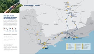 2
1
3
4
5
6
7
29
313028
23
24
25
26
27
8
9
10
11
12
13
14 15
16
18
17
19 20
21 22
Uberaba
Araxá Ibiá
ArcosAraminaColômbia
Barretos
Pitangueiras
Araraquara
Graças de Minas
Divinópolis
Betim
Contagem
Congonhas
Barreiro
Sete Lagoas
Matozinhos
Pedro Leopoldo
Vespasiano
Itabira
Nova Era
Itabirito
Ouro Branco
Ponte Nova
Viçosa
Carandaí
Itutinga
Barbacena
Bom Jardim de Minas
Três Rios
Barra do Piraí
Paraíba do Sul
Visconde de
Itaboraí
Itaguaí
Porto do Rio de Janeiro
Porto de
Itaguaí
Porto
Sudeste
Porto de
Guaíba
Porto de Santos
Porto de
Angra dos Reis
Brisamar
Volta
Redonda
Juiz de Fora
Ubá
Conselheiro Lafaiete
Eng. Lafaiete/Bandeira
Joaquim Murtinho
Andaime
Fábrica
Jeceaba
Barra
Mansa
Resende
Itatiaia
Cruzeiro
Floriano
Lorena
Guaratinguetá
Pindamonhangaba
Itaquaquecetuba
Taubaté
Caçapava
Jacareí
Mogi das Cruzes
Suzano
ParanapiacabaS. André
S. Caetano
Moóca/Ipiranga
Mairinque
AlumínioTatuí
Bauru
Sumaré
Piracicaba
Paulínia
Mogi Mirim
Mogi Guaçu
Poços de Caldas
Tambaú
Porto Ferreira
Nova
Odessa
Guarujá
Iperó Jundiaí
Campinas
Pederneiras
ItarapinaJaú
Boa Vista
Santos
Cubatão
S. José dos Campos
M.Burmier
Sarzedo
Cataguases
Recreio
Macaé
Campos de
Goitacazes
Liberdade
Ibirité
Olhos d’Água
Brumadinho
BELO HORIZONTE
RIO DE JANEIRO
SÃO PAULO
Varginha
Três Corações
Lavras
Santa Fé do Sul
Itaú de Minas
Ribeirão
Preto
28 Sepetiba Tecon / Itaguaí - RJ
23 TLI - Ter. Logístico de Itatiaia / Itatiaia - RJ
24 Multitex Floriano / Barra Mansa - RJ
25 Basf / Guaratinguetá - SP
26 AB Terminais / Pindamonhangaba - SP
27 CRAGEA / São José dos Campos - SP
29 São Geraldo / Mesquita - RJ
30 Arará MTO / Rio de Janeiro - RJ
31 Multirio / Rio de Janeiro - RJ
7 Multiterminais (EADI) /Juiz de Fora - MG
8 Terminal Pederneiras / Pederneiras - SP
1 Multilift/ Sete Lagoas - MG
2 Tora / Contagem - MG
3 TECAF / Contagem - MG
4 TCS / Sarzedo - MG
6
SCOF / Conselheiro Lafaiete - MG5
TCI / Itutinga - MG
9 Katoen Natie / Paulínia - SP
10 Rumo - Brado / Sumaré - SP
11 Terminal Jundiaí /Jundiaí - SP
12 TMI Tora/ Itaquaquecetuba - SP
13 TINAGA / Mogi das Cruzes - SP
14 Transnovag / Água Branca - SP
15 CRAGEA / Suzano - SP
16 TMS Tora / Suzano - SP
18 TIPS / Cubatão - SP
20 Teval (Libra) / Santos - SP
19
21
Ecoporto / Santos - SP
Embraport / Santos - SP
22 Santos Brasil / Guarujá - SP
17 AB Terminais / Santo André - SP
MALHA FERROVIÁRIA E TERMINAIS
TREM DE CARGA GERAL
• Diversas cargas e clientes
• Grade diária de trens com horários preesta-
belecidos e paradas para atender terminais
em operação na rota
• Transporte de produtos siderúrgicos, cimento,
commodities agrícolas e outros
TREM EXPRESSO DE CONTÊINERES
• Confiabilidade e previsibilidade: serviço com
grade diária e horários fixos
• Trens dedicados a contêineres
• Vagões Double Stack no serviço entremargens
e projeto para expansão da operação
• Cargas variadas
A MRS TEM A MELHOR
SOLUÇÃO PARA SEU NEGÓCIO.
NÃO IMPORTA ONDE ESTEJA.
Por meio de soluções multimodais, podemos
alavancar a logística do seu negócio com todo
o valor gerado pelo transporte ferroviário.
Desenvolvemos soluções porta-a-porto que
permitem transpor limites geográficos, graças
à nossa rede integrada de terminais. Conte
com a ferrovia e ingresse em um novo mundo
de competitividade, segurança e confiabilidade.
CLIENTE FLUXO
RODOVIÁRIO
FLUXO
FERROVIÁRIO
TERMINAL
MULTIMODAL
TERMINAL
PORTUÁRIO
 