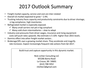 2017 Outlook Summary
• Freight market capacity, service and cost are inter-related
• Overall US market expected to grow ~ 2.4%.
• Trucking industry faces capacity and productivity constraints due to driver shortage,
e-log compliance, high inventories.
• Refrigerated market is especially exposed.
 Many small carriers not yet e-log compliant
 Many cold chain intermediaries – slow to adapt
• Industry cost pressures from driver wages, insurance and rising equipment
costs will push rates upwards. My estimate is 5-10% higher than 2015 levels.
• Domino effect into other freight market sectors .
• Brokerage/3PL own a growing market share. They accelerate and magnify
rate increases. Expect increasingly frequent rate actions from Q2 2017.
Build trust and capture opportunity in this dynamic market.
Nick Lichter Consulting LLC
W5286 Boma Road
La Crosse, WI 54601
(612) 708 5952
nlichter2@gmail.com
 