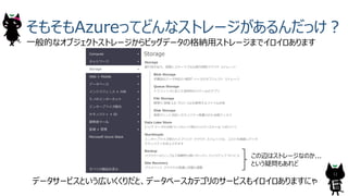 そもそもAzureってどんなストレージがあるんだっけ︖
⼀般的なオブジェクトストレージからビッグデータの格納⽤ストレージまでイロイロあります
データサービスという広いくくりだと、データベースカテゴリのサービスもイロイロありますにゃ
この辺はストレージなのか...
という疑問もあれど
12
 