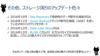 その他、ストレージ周りのアップデート⾊々
2016年10⽉︓Site Recoveryで格納時のデータ暗号化機能がGA
2016年11⽉︓Azure Backupでディスク暗号化機能（ADE）を使っ
ているVMのバックアップをサポート
2016年12⽉︓Data Lake StoreがGA
2016年12⽉︓BLOB（ブロック）のブロックサイズが4MBから100MBに
拡張し、これにより最⼤サイズが195GBから4.77TBに拡張
ちなみにページBLOBは最⼤1TB、追加BLOBは最⼤195GBで変更なしにゃ︕
18
 