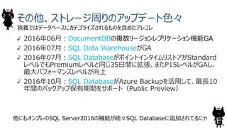 その他、ストレージ周りのアップデート⾊々
2016年06⽉︓DocumentDBの複数リージョンレプリケーション機能GA
2016年07⽉︓SQL Data WarehouseがGA
2016年07⽉︓SQL DatabaseがポイントインタイムリストアがStandard
レベルでもPremiumレベルと同じ35⽇間に拡張、またP15レベルがGAし、
最⼤パフォーマンスレベルが向上
2016年10⽉︓SQL DatabaseがAzure Backupを活⽤して、最⻑10
年間のバックアップ保有期間をサポート（Public Preview）
狭義ではデータベースにカテゴライズされるものを含めたアレコレ
他にもオンプレのSQL Server2016の機能が続々SQL Databaseに追加されてるにゃ
19
 