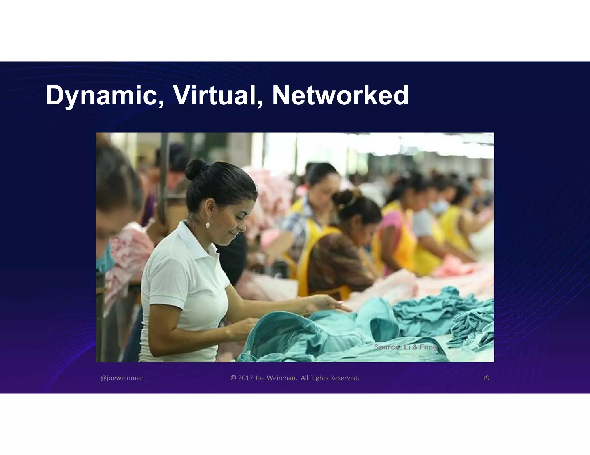 Dynamic, Virtual, Networked
@joeweinman © 2017 Joe Weinman. All Rights Reserved. 19
Source: Li & Fung
 