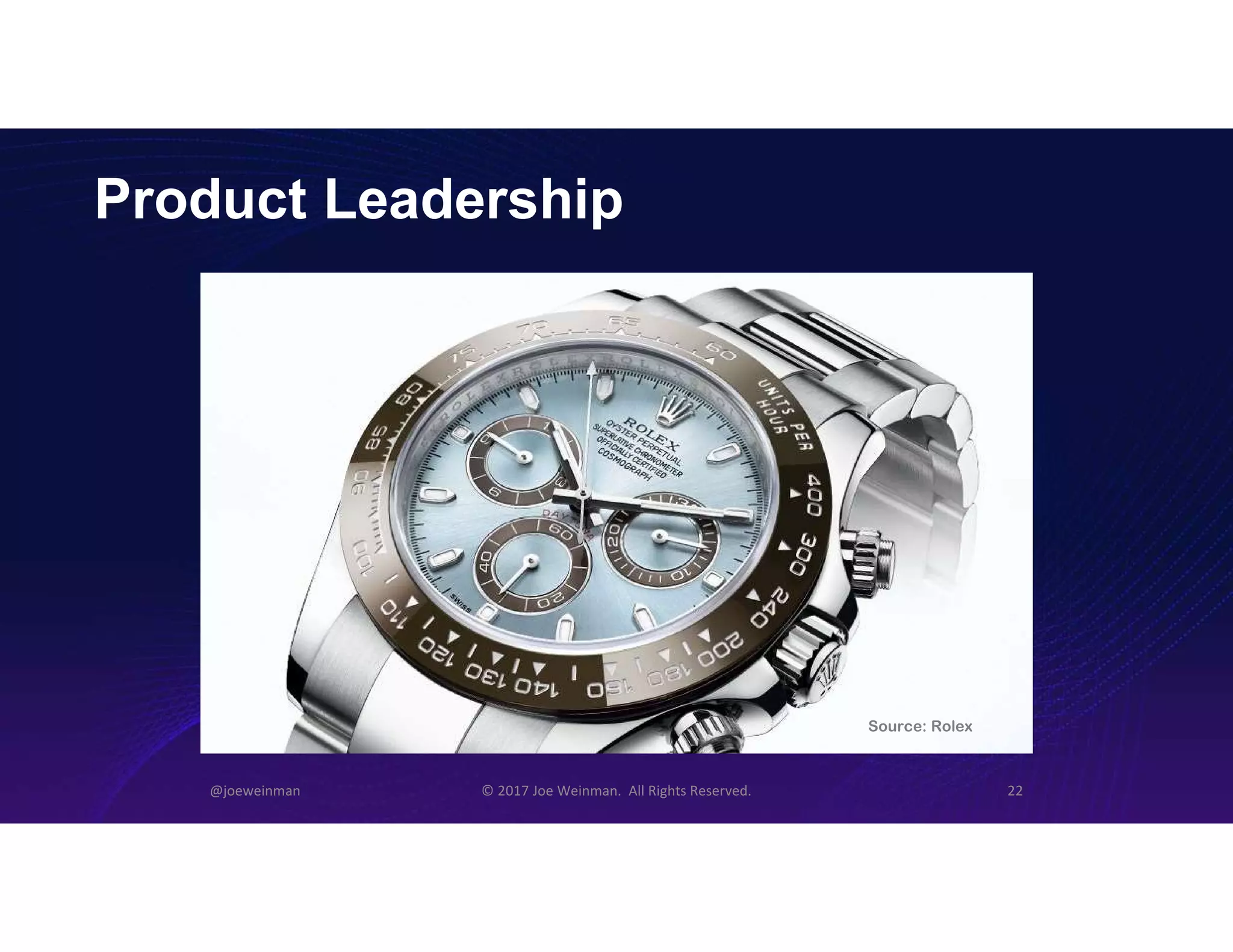 Product Leadership
@joeweinman © 2017 Joe Weinman. All Rights Reserved. 22
Source: Rolex
 