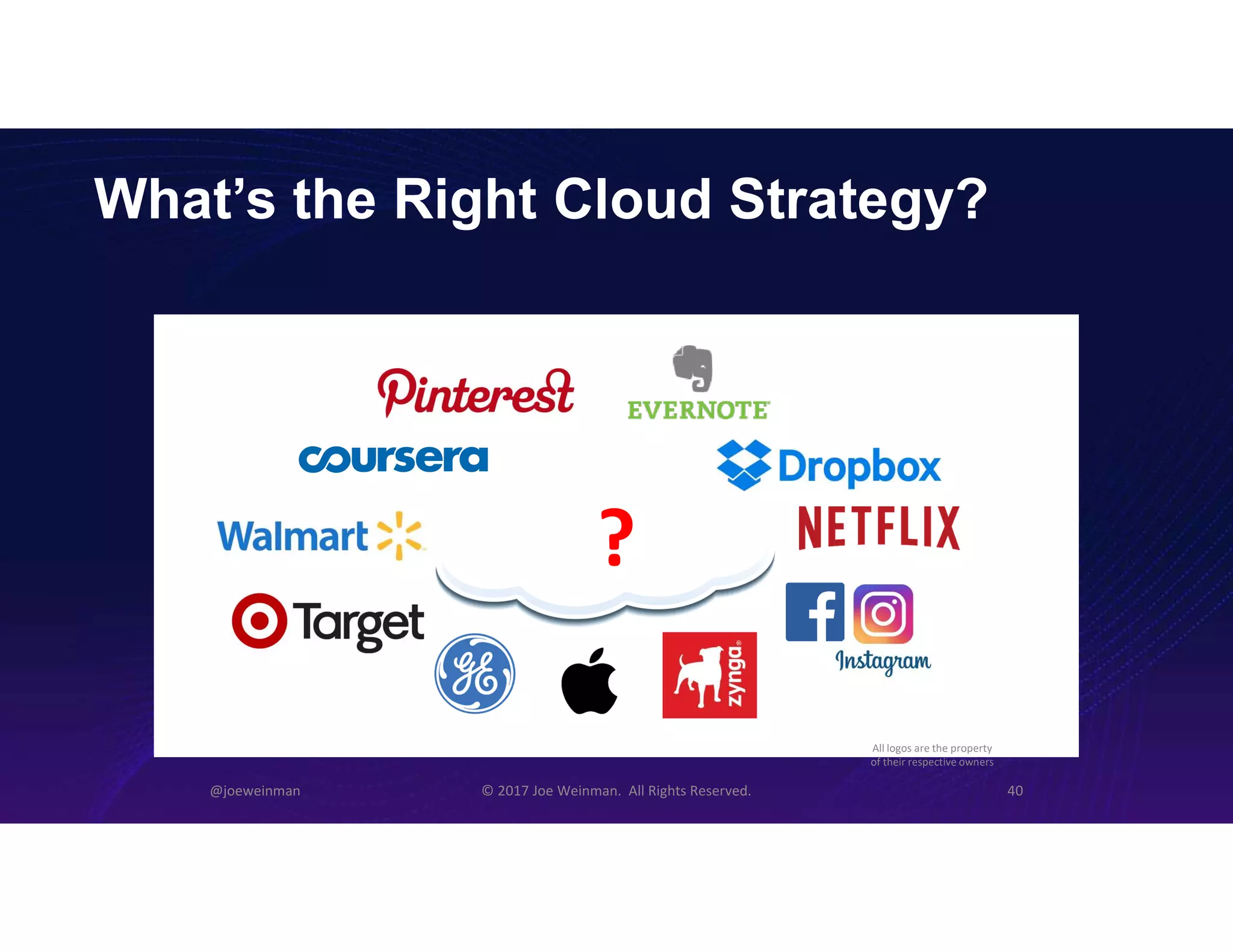 What’s the Right Cloud Strategy?
@joeweinman © 2017 Joe Weinman. All Rights Reserved. 40
?
All logos are the property
of their respective owners
 