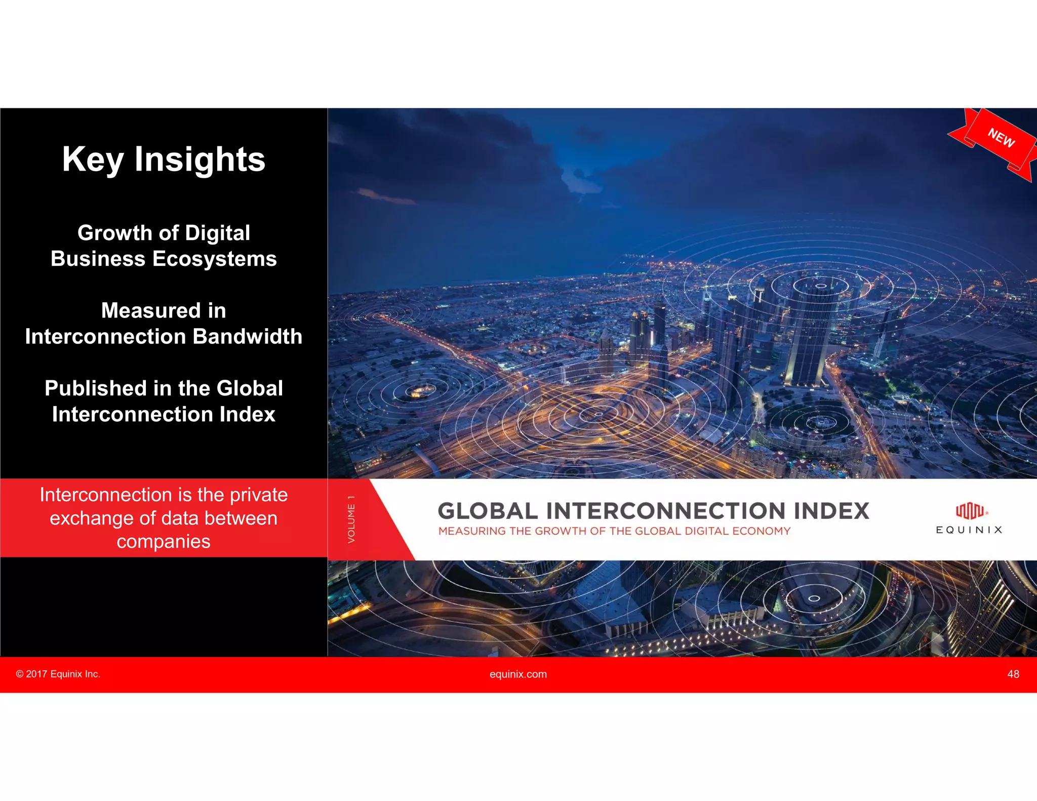 © 2017 Equinix Inc. equinix.com 48
Growth of Digital
Business Ecosystems
Measured in
Interconnection Bandwidth
Published in the Global
Interconnection Index
Interconnection is the private
exchange of data between
companies
Key Insights
 