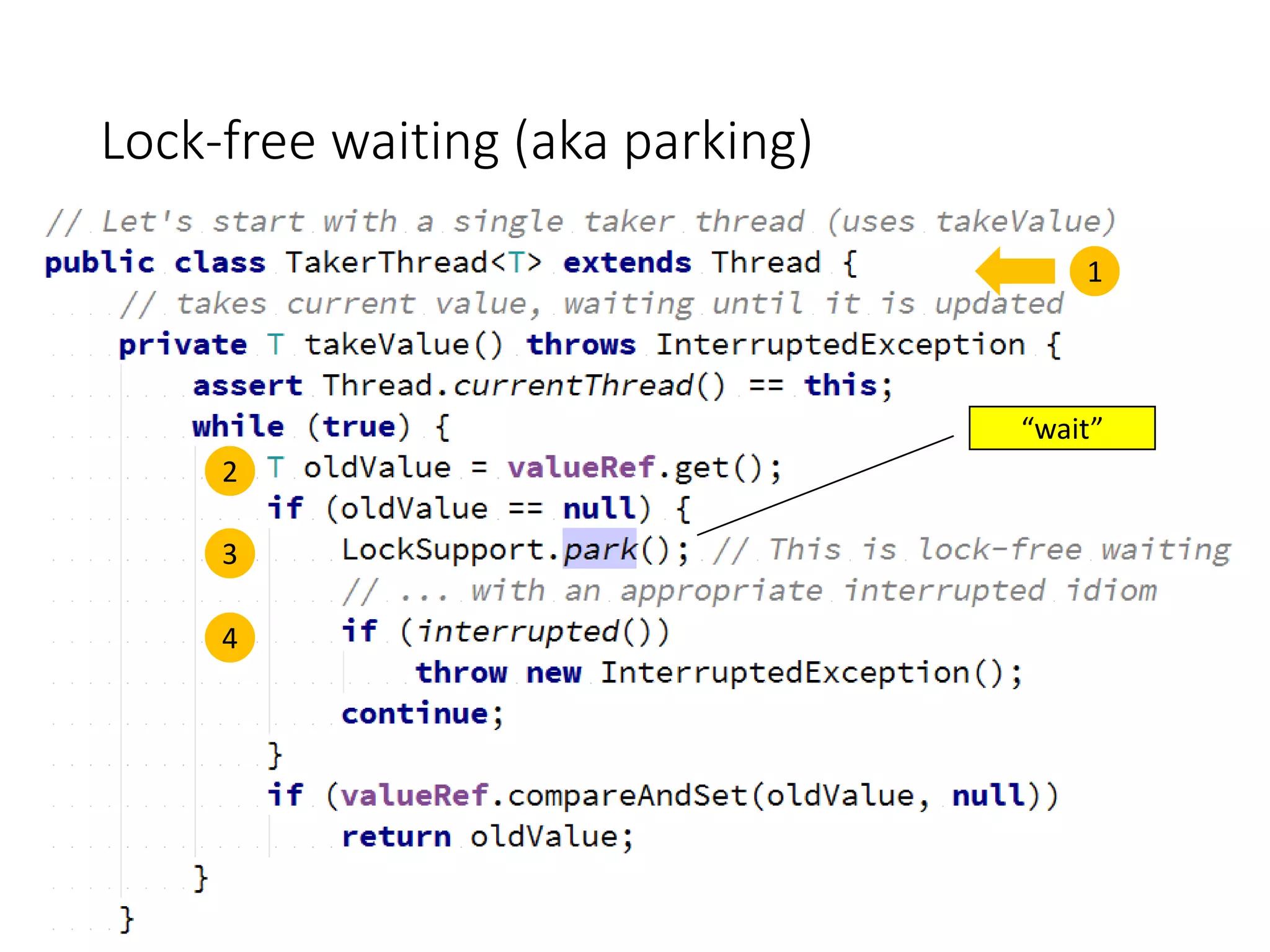Lock-free waiting (aka parking)
2
3
4
1
“wait”
 
