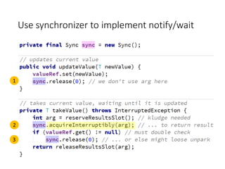Use synchronizer to implement notify/wait
1
2
3
 