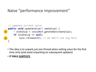 Naïve “performance improvement”
• The idea is to unpark just one thread when setting value for the first
time only (and avoid unparking on subsequent updates)
• IT FAILS SUBTLY(!).
1
2
 