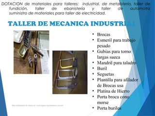 DOTACION de materiales para talleres: industrial, de metalistería, taller de
fundición, taller de ebanistería y taller de automotriz
suministro de materiales para taller de electricidad.
Más información de interés en: www.tagnet.org/ministerio-juvenil
• Brocas
• Esmeril para trabajo
pesado
• Gubias para torno
largas sueca
• Mandril para taladro
• Buril
• Seguetas
• Plantilla para afilador
de Brocas usa
• Platina de Hierro
• Porta broca cono
morse
• Porta buriles
TALLER DE MECANICA INDUSTRIAL
 