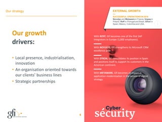 Our strategy
Our growth
drivers:
• Local presence, industrialisation,
innovation
• An organisation oriented towards
our clients' business lines
• Strategic partnerships
4
EXTERNAL GROWTH
—
SUCCESSFUL OPERATIONS IN 2016
Novulys and Metaware in France, Impaq in
Poland, Roff in Portugal and Brazil, Efron in
Spain, Mexico, Colombia and USA.
With ROFF, Gfi becomes one of the first SAP
integrators in Europe (1,000 employees).
With NOVULYS, Gfi strengthens its Microsoft CRM
excellence pole.
With EFRON, Gfi consolidates its position in Spain
and positions itself to support its customers in the
American continent.
With METAWARE, Gfi becomes an expert in
application modernization in the service of digital
strategy.
 