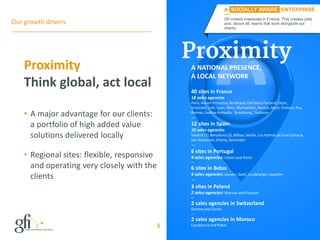 Proximity
Think global, act local
• A major advantage for our clients:
a portfolio of high added value
solutions delivered locally
• Regional sites: flexible, responsive
and operating very closely with the
clients
Our growth drivers
5
40 sites in France
18 sales agencies
Paris, Aix-en-Provence,Bordeaux, Clermont-Ferrand, Dijon,
Grenoble, Lille, Lyon, Metz, Montpellier, Nantes,Niort, Orléans, Pau,
Rennes, Sophia Antipolis, Strasbourg,Toulouse
—
12 sites in Spain
10 sales agencies
Madrid (2), Barcelona (2), Bilbao, Seville, Las Palmas de Gran Canaria,
San-Sebastián,Vitoria, Santander
—
6 sites in Portugal
4 sales agencies: Lisbon and Porto
—
6 sites in Belux
4 sales agencies: Leuven, Gent, Leudelange,Capellen
—
3 sites in Poland
2 sales agencies: Warsaw and Poznam
—
2 sales agencies in Switzerland
Geneva and Zurich
—
2 sales agencies in Moroco
Casablanca and Rabat
A SOCIALLY AWARE ENTERPRISE
—
Gfi invests massively in France. This creates jobs
and, above all, teams that work alongside our
clients.
A NATIONAL PRESENCE,
A LOCAL NETWORK
 
