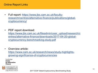 2017 CCAF Global Cryptocurrency Benchmarking Study
123
Transaction fees as a % of total bitcoin mining revenues are
projected to reach 10% with current growth rates; often-used
argument in the heated scaling debate
 