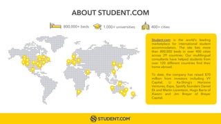 ABOUT STUDENT.COM
Student.com is the world’s leading
marketplace for international student
accommodation. The site lists m...