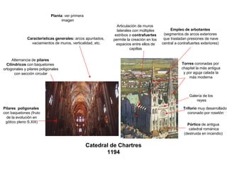 Catedral de Chartres
1194
Pilares poligonales
con baquetones (fruto
de la evolución en
gótico pleno S.XIII)
Características generales: arcos apuntados,
vaciamientos de muros, verticalidad, etc.
Alternancia de pilares
Cilíndricos con baquetones
ortogonales y pilares poligonales
con sección circular
Planta: ver primera
imagen
Torres coronadas por
chapitel la más antigua
y por aguja calada la
más moderna
Pórtico de antigua
catedral románica
(destruida en incendio)
Triforio muy desarrollado
coronado por rosetón
Galería de los
reyes
Empleo de arbotantes
(segmentos de arcos exteriores
que trasladan presiones de nave
central a contrafuertes exteriores)
Articulación de muros
laterales con múltiples
estribos o contrafuertes
permite la creación en los
espacios entre ellos de
capillas
 