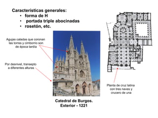 Catedral de Burgos.
Exterior - 1221
Por desnivel, transepto
a diferentes alturas
Características generales:
• forma de H
• portada triple abocinadas
• rosetón, etc.
Agujas caladas que coronan
las torres y cimborrio son
de época tardía
Planta de cruz latina
con tres naves y
crucero de una
 
