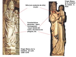 Virgen Blanca de la
Catedral de León.
1250-1275
Virgen Blanca
de la Catedral
de Toledo. S.
XIII
Características
generales: ligero
contrapposto,
mayor detalle del
rostro, abundancia de
pliegues, etc.
Niño (con anatomía de niño)
se gira
 