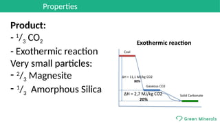 Properties
Product: 
- 1
/3 CO2
- Exothermic reaction
Very small particles:
- 2
/3 Magnesite
- 1
/3 Amorphous Silica
 