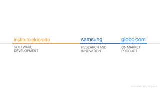 RESEARCH AND
INNOVATION
ON MARKET
PRODUCT
SOFTWARE
DEVELOPMENT
instituto eldorado samsung globo.com
V I V I A N E D E LV E Q U I O
 