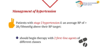 Management of hypertension
Patients with stage 2 hypertension & an average BP of >
20/10mmHg above their BP target:
should begin therapy with 2 first-line agents of
different classes
Strong recommendation
Expert opinion
 