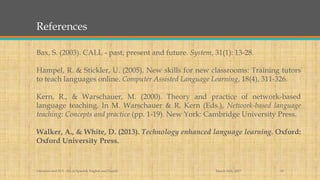 References
March 14th, 2017Literacies and ELT - BA in Spanish, English and French 19
Bax, S. (2003). CALL - past, present and future. System, 31(1): 13-28.
Hampel, R. & Stickler, U. (2005). New skills for new classrooms: Training tutors
to teach languages online. Computer Assisted Language Learning, 18(4), 311-326.
Kern, R., & Warschauer, M. (2000). Theory and practice of network-based
language teaching. In M. Warschauer & R. Kern (Eds.), Network-based language
teaching: Concepts and practice (pp. 1-19). New York: Cambridge University Press.
Walker, A., & White, D. (2013). Technology enhanced language learning. Oxford:
Oxford University Press.
 