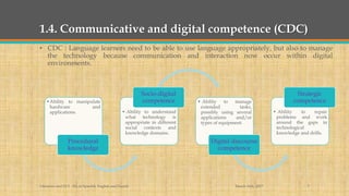 1.4. Communicative and digital competence (CDC)
• CDC : Language learners need to be able to use language appropriately, but also to manage
the technology because communication and interaction now occur within digital
environments.
March 14th, 2017Literacies and ELT - BA in Spanish, English and French 7
•Ability to manipulate
hardware and
applications.
Procedural
knowledge
• Ability to understand
what technology is
appropriate in different
social contexts and
knowledge domains.
Socio-digital
competence • Ability to manage
extended tasks,
possibly using several
applications and/or
types of equipment.
Digital discourse
competence
• Ability to repair
problems and work
around the gaps in
technological
knowledge and drills.
Strategic
competence
 