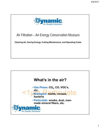 3/8/2017
1
Air Filtration – An Energy Conservation Measure
Cleaning Air, Saving Energy, Cutting Maintenance, and Operating Costs
What’s in the air?
<1µm Particulate
• Gas Phase: CO2, CO, VOC’s,
etc.
• Biological: molds, viruses,
bacteria
• Particulate: smoke, dust, man-
made mineral fibers, etc.
 