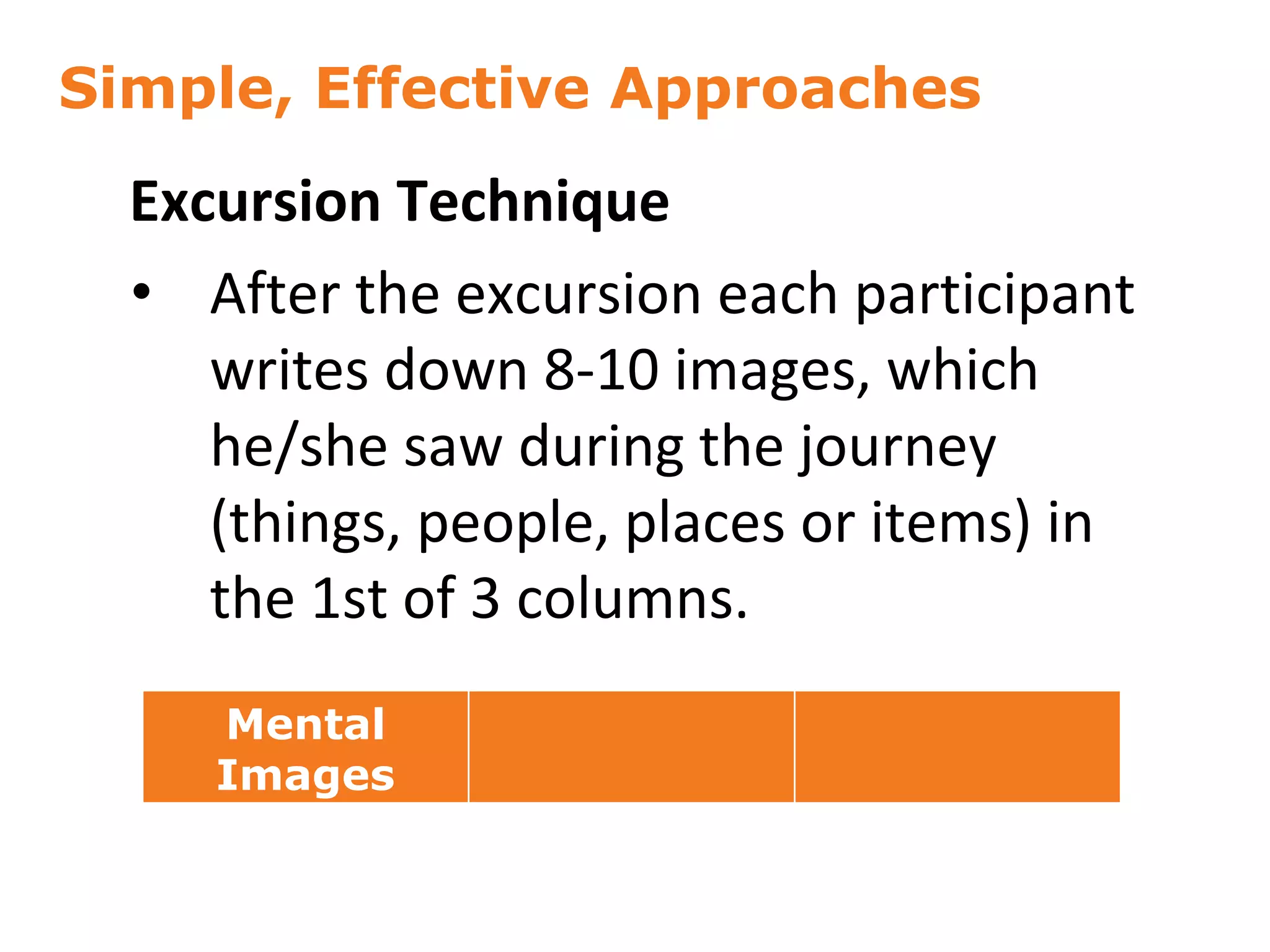 Simple, Effective Approaches
40
Excursion Technique
• After the excursion each participant
writes down 8-10 images, which
he/she saw during the journey
(things, people, places or items) in
the 1st of 3 columns.
Mental
Images
 