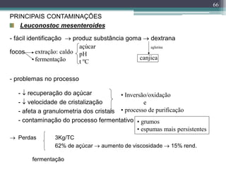 66
PRINCIPAIS CONTAMINAÇÕES
Leuconostoc mesenteroides
- fácil identificação  produz substância goma  dextrana
focos
- problemas no processo
-  recuperação do açúcar
-  velocidade de cristalização
- afeta a granulometria dos cristais
- contaminação do processo fermentativo
 Perdas 3Kg/TC
62% de açúcar  aumento de viscosidade  15% rend.
fermentação
extração: caldo
fermentação
açúcar
pH
t ºC
aglutina
canjica
• grumos
• espumas mais persistentes
• Inversão/oxidação
e
• processo de purificação
 