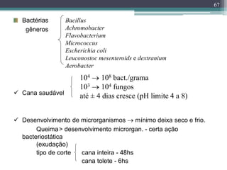 67
Bactérias
gêneros
 Cana saudável
 Desenvolvimento de microrganismos  mínimo deixa seco e frio.
Queima> desenvolvimento microrgan. - certa ação
bacteriostática
(exudação)
tipo de corte cana inteira - 48hs
cana tolete - 6hs
Bacillus
Achromobacter
Flavobacterium
Micrococcus
Escherichia coli
Leuconostoc mesenteroids e dextranium
Aerobacter
104  108 bact./grama
103  104 fungos
até ± 4 dias cresce (pH limite 4 a 8)
 