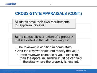 Enterprise Risk · Credit Risk · Market Risk · Operational Risk · Regulatory Compliance · Securities Lending
10
JOIN. ENGAGE. LEAD.
CROSS-STATE APPRAISALS (CONT.)
All states have their own requirements
for appraisal reviews.
• The reviewer is certified in some state.
• And the reviewer does not modify the value.
• If the reviewer opines to a value different
than the appraisal, he/she must be certified
in the state where the property is located.
Some states allow a review of a property
that is located in that state as long as:
 