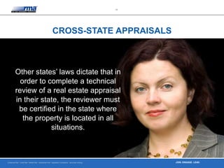 Enterprise Risk · Credit Risk · Market Risk · Operational Risk · Regulatory Compliance · Securities Lending
11
JOIN. ENGAGE. LEAD.
Other states’ laws dictate that in
order to complete a technical
review of a real estate appraisal
in their state, the reviewer must
be certified in the state where
the property is located in all
situations.
CROSS-STATE APPRAISALS
 