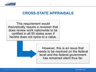Enterprise Risk · Credit Risk · Market Risk · Operational Risk · Regulatory Compliance · Securities Lending
12
JOIN. ENGAGE. LEAD.
This requirement would
theoretically require a reviewer that
does review work nationwide to be
certified in all 50 states even if
he/she does not opine to a value.
However, this is an issue that
needs to be resolved on the federal
level and the federal government
has remained silent thus far.
CROSS-STATE APPRAISALS
 