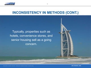 Enterprise Risk · Credit Risk · Market Risk · Operational Risk · Regulatory Compliance · Securities Lending
15
JOIN. ENGAGE. LEAD.
INCONSISTENCY IN METHODS (CONT.)
Typically, properties such as
hotels, convenience stores, and
senior housing sell as a going
concern.
 