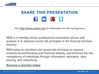 Enterprise Risk · Credit Risk · Market Risk · Operational Risk · Regulatory Compliance · Securities Lending
20
JOIN. ENGAGE. LEAD.
SHARE THIS PRESENTATION
Visit http://www.rmahq.org for information on risk management.
RMA is a member-driven professional association whose sole
purpose is to advance sound risk principles in the financial services
industry.
RMA helps its members use sound risk principles to improve
institutional performance and financial stability, and enhance the risk
competency of individuals through information, education, peer
sharing, and networking.
Become a member today.
 