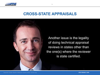 Enterprise Risk · Credit Risk · Market Risk · Operational Risk · Regulatory Compliance · Securities Lending
9
JOIN. ENGAGE. LEAD.
CROSS-STATE APPRAISALS
Another issue is the legality
of doing technical appraisal
reviews in states other than
the one(s) where the reviewer
is state certified.
 