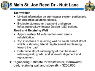 S Main St, Joe Reed Dr - Nutt Lane
Stormwater
 Limited information on stormwater system particularly
for properties abutting railroad.
 Evaluate stormwater treatment and green
infrastructure/Low Impact Design (LID) options.
Road and Retaining Wall
 Approximately 1⁄4 mile section road needs
rehabilitation.
 Top 2 sections of retaining wall on south end of street
which is showing lateral displacement and leaning
toward the road.
 Determine structural integrity of road base and
retaining wall, grade, and sidewalk alignment and
replacement.
 Engineering Estimate for wastewater, stormwater,
road, retaining wall and sidewalk - $250,000
 