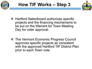 How TIF Works – Step 3
 Hartford Selectboard authorizes specific
projects and the financing mechanisms to
be put on the Warrant for Town Meeting
Day for voter approval.
 The Vermont Economic Progress Council
approves specific projects as consistent
with the approved Hartford TIF District Plan
prior to each Town vote.
 