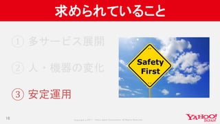 Copyrig ht © 2017 Yahoo Japan Corporation. All Rig hts Reserved.
求められていること
16
① 多サービス展開
② 人・機器の変化
③ 安定運用
 
