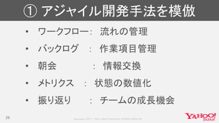 Copyrig ht © 2017 Yahoo Japan Corporation. All Rig hts Reserved.
① アジャイル開発手法を模倣
• ワークフロー： 流れの管理
• バックログ ： 作業項目管理
• 朝会 ： 情報交換
• メトリクス ： 状態の数値化
• 振り返り ： チームの成長機会
26
 