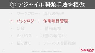 Copyrig ht © 2017 Yahoo Japan Corporation. All Rig hts Reserved.
① アジャイル開発手法を模倣
• ワークフロー： 流れの管理
• バックログ ： 作業項目管理
• 朝会 ： 情報交換
• メトリクス ： 状態の数値化
• 振り返り ： チームの成長機会
31
 