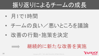 Copyrig ht © 2017 Yahoo Japan Corporation. All Rig hts Reserved.
振り返りによるチームの成長
34
• 月1で1時間
• チームの良い／悪いところを議論
• 改善の行動・施策を決定
継続的に新たな改善を実施
 