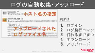 Copyrig ht © 2017 Yahoo Japan Corporation. All Rig hts Reserved.
ログの自動収集・アップロード
41
ホスト名の指定
アップロードされた
ログファイル名
1. ログイン
2. ログ発行コマンド
3. 終わるまでまつ
4. ダウンロード
5. アップロード
従来は
 