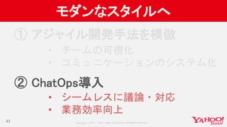 Copyrig ht © 2017 Yahoo Japan Corporation. All Rig hts Reserved.
モダンなスタイルへ
① アジャイル開発手法を模倣
② ChatOps導入
43
• チームの可視化
• コミュニケーションのシステム化
• シームレスに議論・対応
• 業務効率向上
 