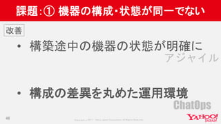 Copyrig ht © 2017 Yahoo Japan Corporation. All Rig hts Reserved.
課題：① 機器の構成・状態が同一でない
• 構築途中の機器の状態が明確に
• 構成の差異を丸めた運用環境
46
改善
アジャイル
ChatOps
 
